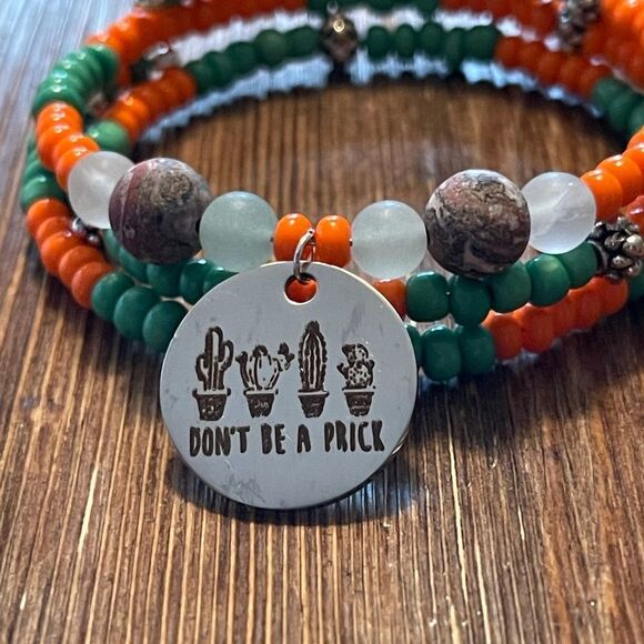 Handmade green beaded wrap bracelet with charm, Don't be a prick bracelet - Picture 2 of 6